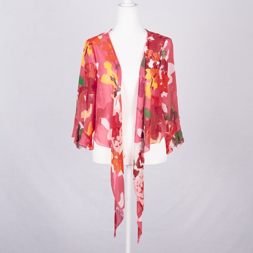 Marks Spencer Womens SZ LARGE Sheer Tie Waist Floral Top Beachy Romantic Cottage